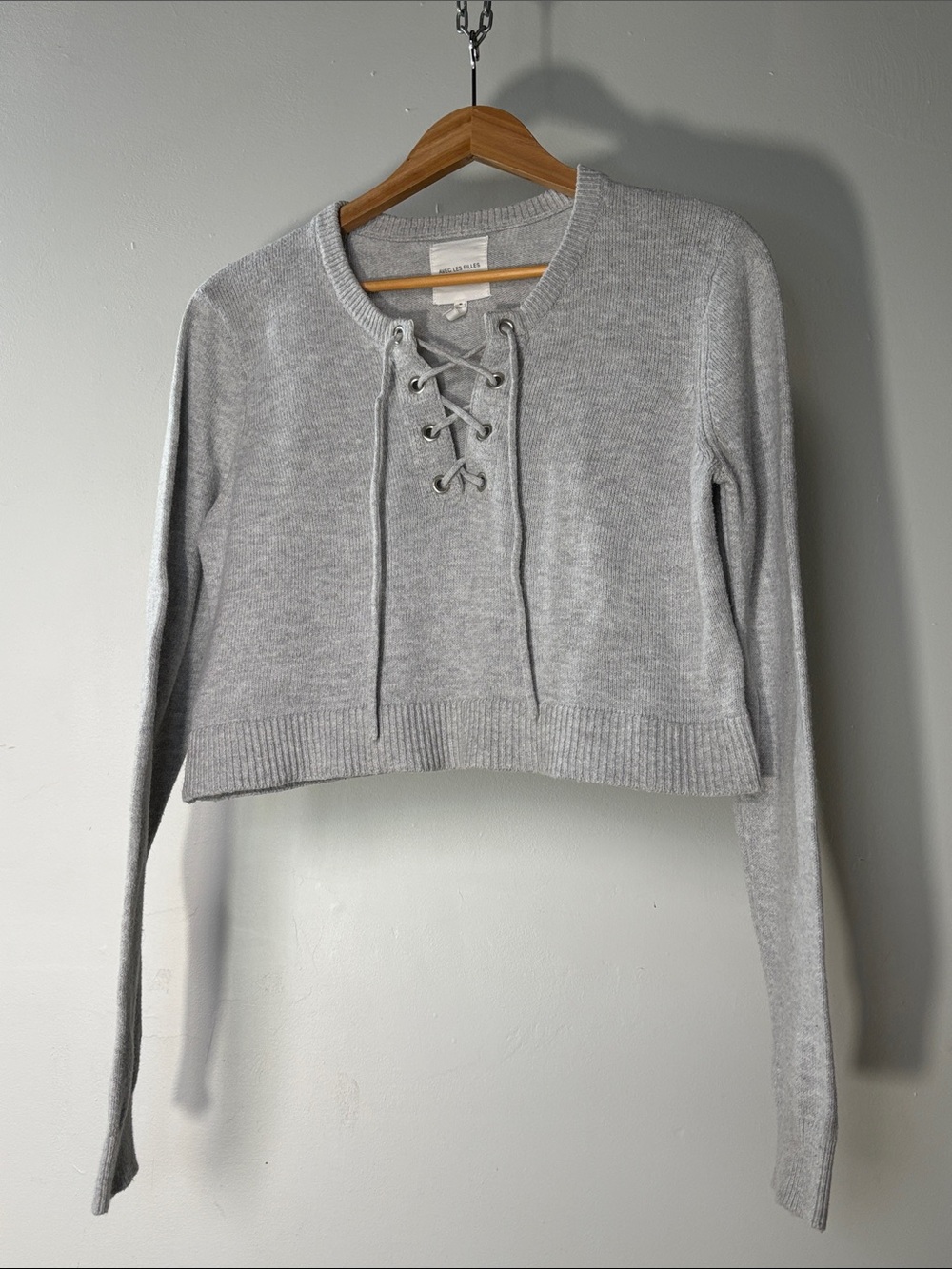 Avec Les Filles Lace Up Crop Sweater in Heather Grey Size Medium